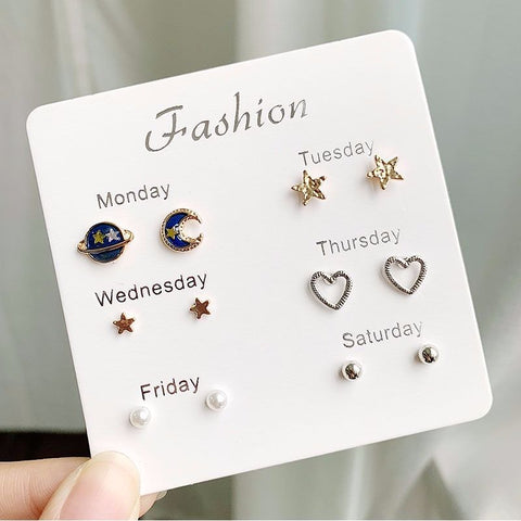 Fashion Girls Silver Crystal  Rhinestone Pearl Female  Ear Stud  6 Pair New Jewelry  Elegant Heart Earrings Set