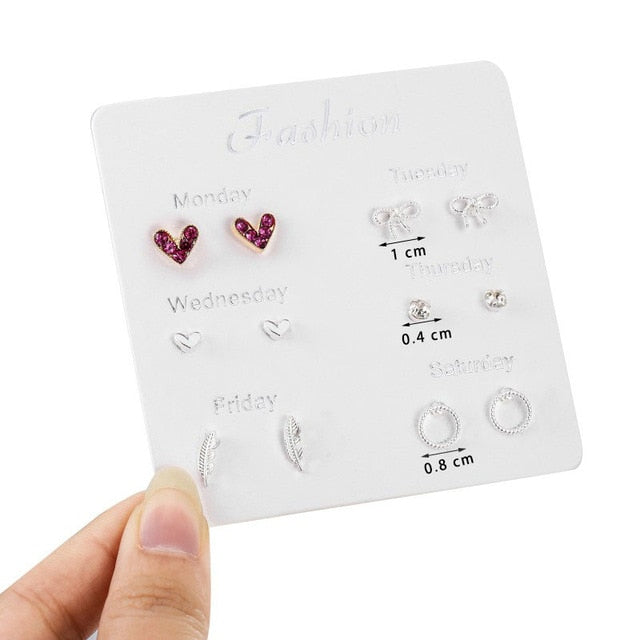 Fashion Girls Silver Crystal  Rhinestone Pearl Female  Ear Stud  6 Pair New Jewelry  Elegant Heart Earrings Set