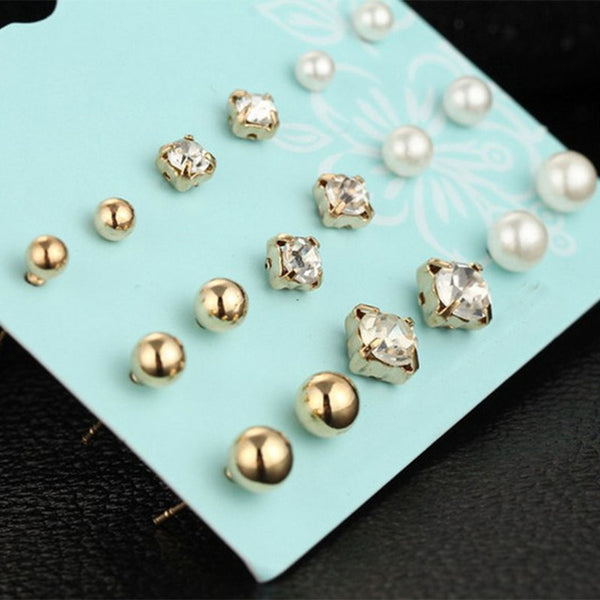 Fashion Girls Silver Crystal  Rhinestone Pearl Female  Ear Stud  6 Pair New Jewelry  Elegant Heart Earrings Set