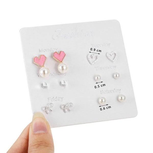 Fashion Girls Silver Crystal  Rhinestone Pearl Female  Ear Stud  6 Pair New Jewelry  Elegant Heart Earrings Set