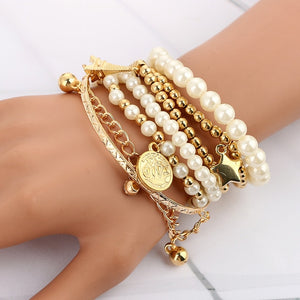 Tocona 6pcs/set Fashion Gold Color Beads Pearl Star Multilayer Beaded Bracelets Set for Women Charm Party Jewelry Gift 5483