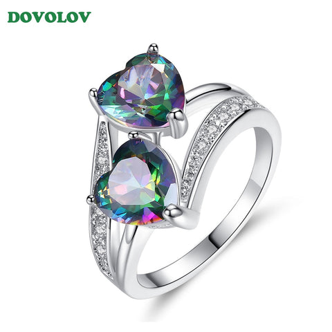 Double Heart Rainbow CZ Ring in Rhodium Plated Wedding Bands Rings For Women Accessories Engagement Jewelry Three Color D3