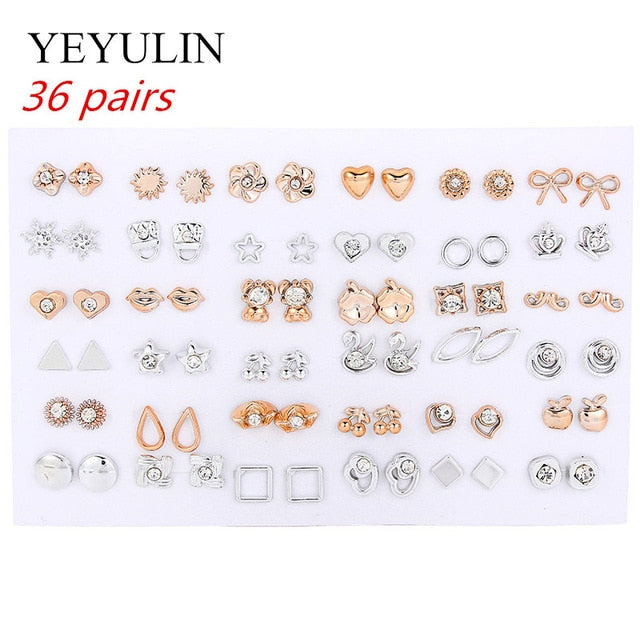 Wholesale 36Pairs/18pairs Mixed Styles Rhinestone Sun Flower Geometric Animal Plastic Stud Earrings Set For Women Girls Jewelry