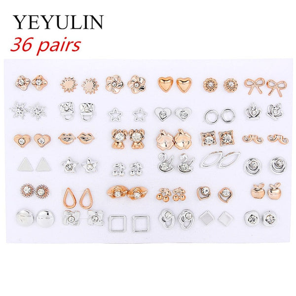 Wholesale 36Pairs/18pairs Mixed Styles Rhinestone Sun Flower Geometric Animal Plastic Stud Earrings Set For Women Girls Jewelry