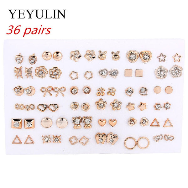 Wholesale 36Pairs/18pairs Mixed Styles Rhinestone Sun Flower Geometric Animal Plastic Stud Earrings Set For Women Girls Jewelry