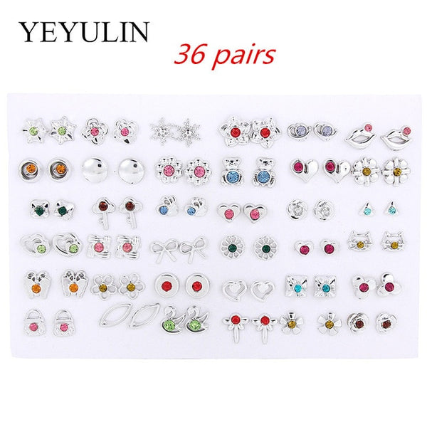 Wholesale 36Pairs/18pairs Mixed Styles Rhinestone Sun Flower Geometric Animal Plastic Stud Earrings Set For Women Girls Jewelry