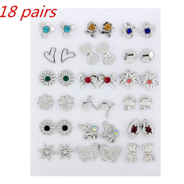 Wholesale 36Pairs/18pairs Mixed Styles Rhinestone Sun Flower Geometric Animal Plastic Stud Earrings Set For Women Girls Jewelry