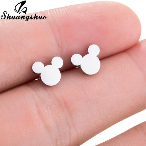 Shuangshuo Stainless Steel Mickey Earrings Mouse Stud Earrings Women Girls Kids Earing Mini Cartoon Animal Ear Studs pendientes