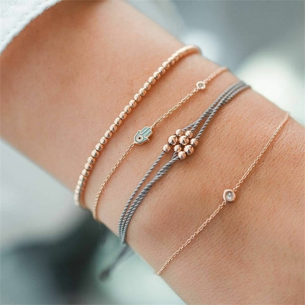 4 Pcs/set Women's Fashion Crystal Leaves Geometric Chain Gold Bracelet Set Bohemian KISS WIFE Vintage Jewelry Wholesale