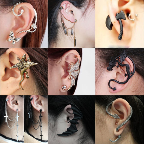 Gothic DIY Black Bat Shaped Ear Clips For Women Girls Punk Dragon Snake Butterfly Ax Vintage Earrings Party Gifts Jewelry 2019