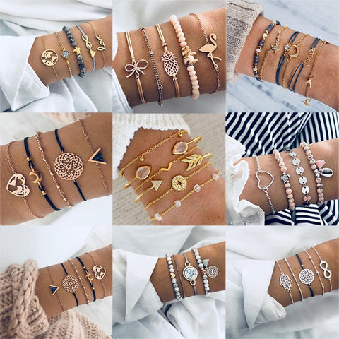 Boho Bangle For women Turtle Elephant Heart Shell Star Moon Bow Arrow Map Crystal Charm Bead Bracelet Set 2019 Bohemian Jewelry