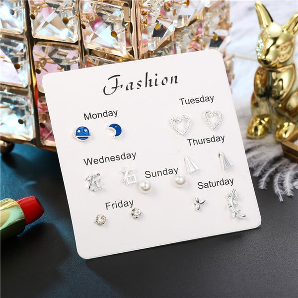 Fashion Girls Silver Crystal  Rhinestone Pearl Female  Ear Stud  6 Pair New Jewelry  Elegant Heart Earrings Set