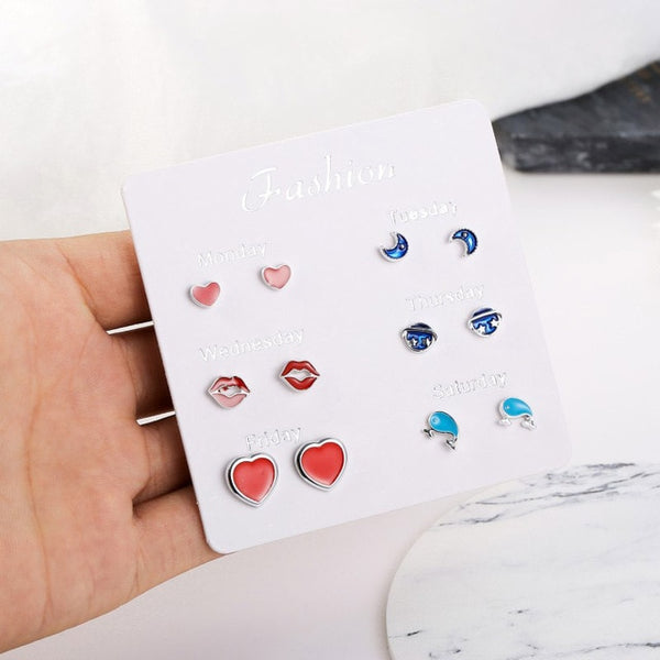 Fashion Girls Silver Crystal  Rhinestone Pearl Female  Ear Stud  6 Pair New Jewelry  Elegant Heart Earrings Set