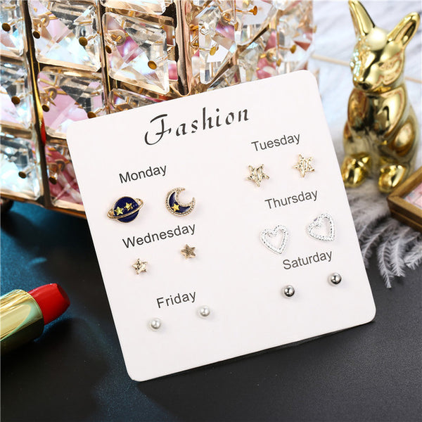 Fashion Girls Silver Crystal  Rhinestone Pearl Female  Ear Stud  6 Pair New Jewelry  Elegant Heart Earrings Set