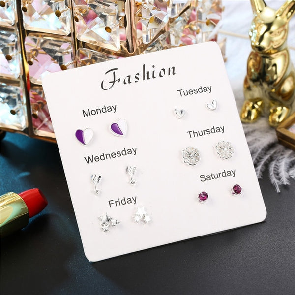 Fashion Girls Silver Crystal  Rhinestone Pearl Female  Ear Stud  6 Pair New Jewelry  Elegant Heart Earrings Set