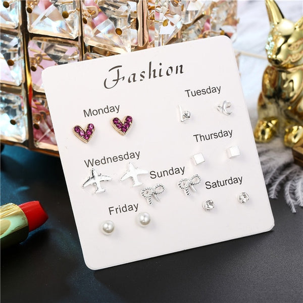 Fashion Girls Silver Crystal  Rhinestone Pearl Female  Ear Stud  6 Pair New Jewelry  Elegant Heart Earrings Set