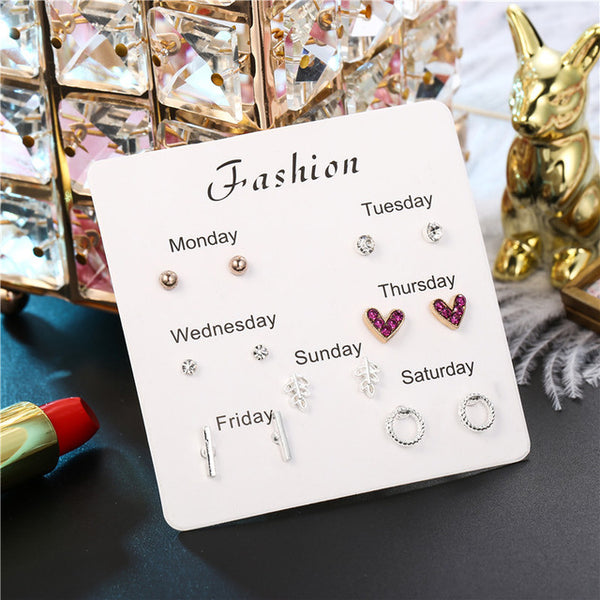 Fashion Girls Silver Crystal  Rhinestone Pearl Female  Ear Stud  6 Pair New Jewelry  Elegant Heart Earrings Set