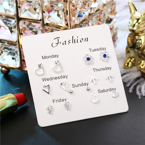 Fashion Girls Silver Crystal  Rhinestone Pearl Female  Ear Stud  6 Pair New Jewelry  Elegant Heart Earrings Set