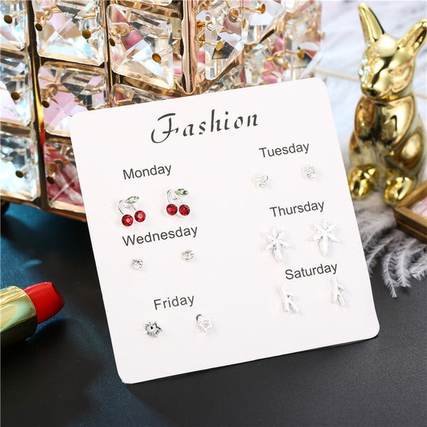 Fashion Girls Silver Crystal  Rhinestone Pearl Female  Ear Stud  6 Pair New Jewelry  Elegant Heart Earrings Set