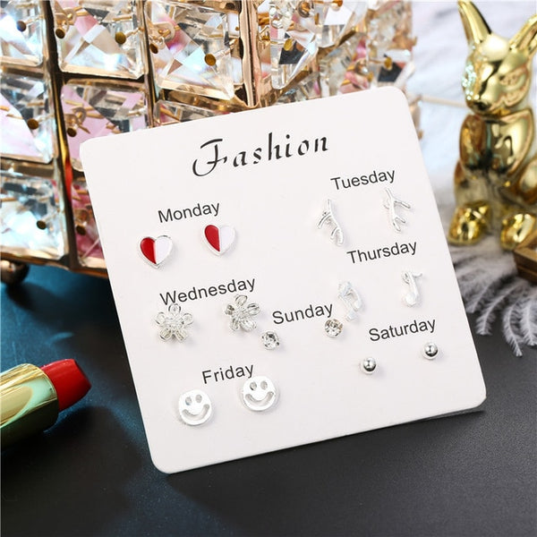 Fashion Girls Silver Crystal  Rhinestone Pearl Female  Ear Stud  6 Pair New Jewelry  Elegant Heart Earrings Set