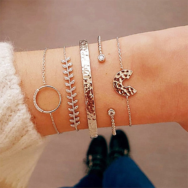 4 Pcs/set Women's Fashion Crystal Leaves Geometric Chain Gold Bracelet Set Bohemian KISS WIFE Vintage Jewelry Wholesale