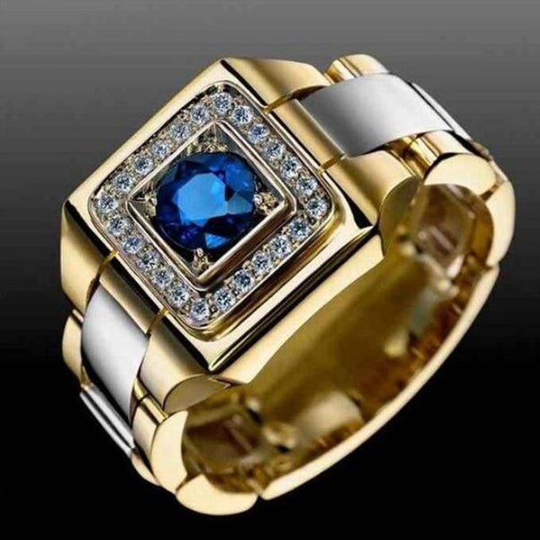 Huitan Party Men Rings Creative Watch Shaped Two Tone Design Wholesale Blue Stone Setting Rings With Size 6-10 Male Jewelry