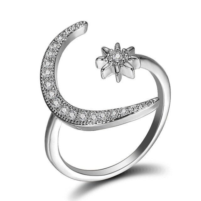 New Fashion Ring Moon & Star Dazzling Crystal Rings for Women Girls Jewelry Open Finger Ring Wedding Engagement Jewelry Gift