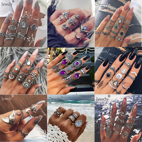 50 Styles Boho Punk Hollow Triangle Water Drop Arrow Sun Gem Crystal Silver Rings Set For Women Personality Girl Jewelry