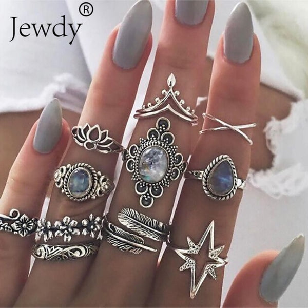 50 Styles Boho Punk Hollow Triangle Water Drop Arrow Sun Gem Crystal Silver Rings Set For Women Personality Girl Jewelry