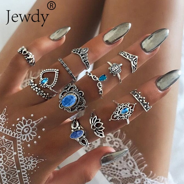 50 Styles Boho Punk Hollow Triangle Water Drop Arrow Sun Gem Crystal Silver Rings Set For Women Personality Girl Jewelry