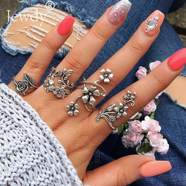 50 Styles Boho Punk Hollow Triangle Water Drop Arrow Sun Gem Crystal Silver Rings Set For Women Personality Girl Jewelry