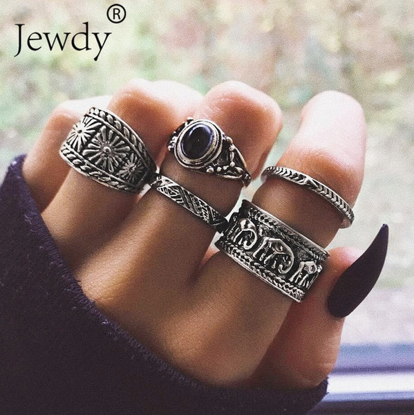 50 Styles Boho Punk Hollow Triangle Water Drop Arrow Sun Gem Crystal Silver Rings Set For Women Personality Girl Jewelry