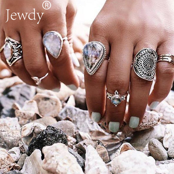 50 Styles Boho Punk Hollow Triangle Water Drop Arrow Sun Gem Crystal Silver Rings Set For Women Personality Girl Jewelry