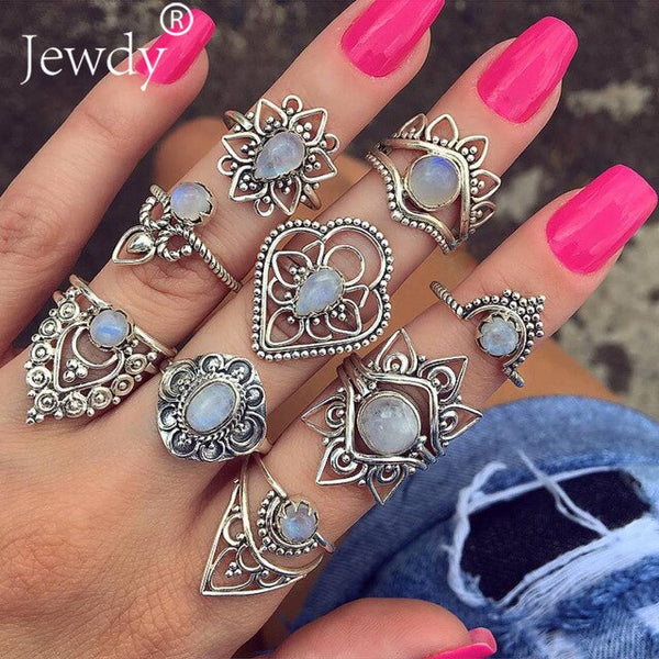 50 Styles Boho Punk Hollow Triangle Water Drop Arrow Sun Gem Crystal Silver Rings Set For Women Personality Girl Jewelry