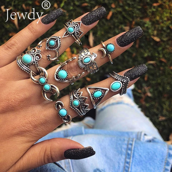 50 Styles Boho Punk Hollow Triangle Water Drop Arrow Sun Gem Crystal Silver Rings Set For Women Personality Girl Jewelry