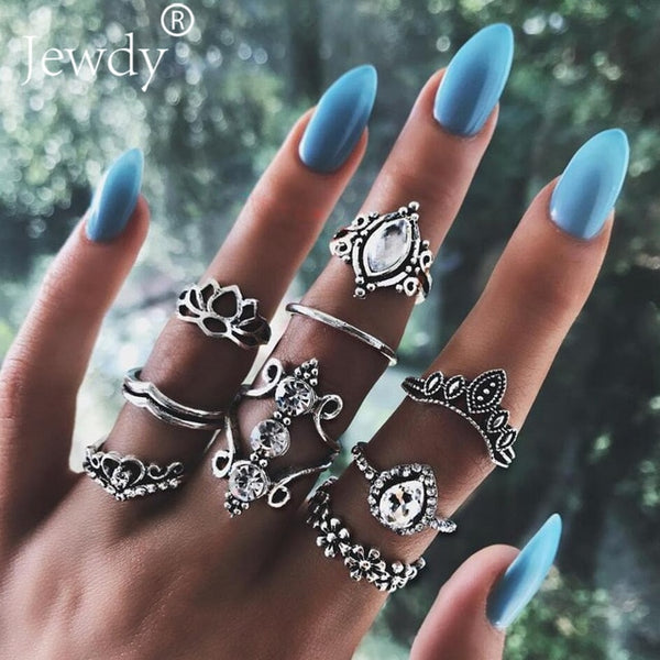 50 Styles Boho Punk Hollow Triangle Water Drop Arrow Sun Gem Crystal Silver Rings Set For Women Personality Girl Jewelry