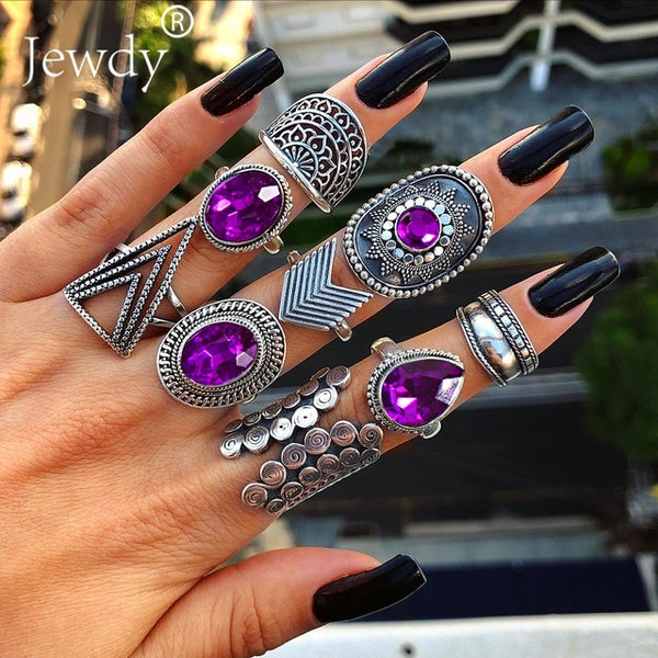 50 Styles Boho Punk Hollow Triangle Water Drop Arrow Sun Gem Crystal Silver Rings Set For Women Personality Girl Jewelry