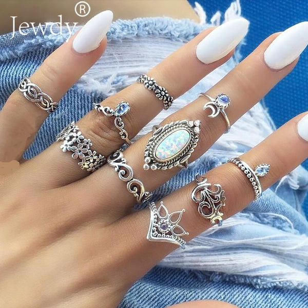 50 Styles Boho Punk Hollow Triangle Water Drop Arrow Sun Gem Crystal Silver Rings Set For Women Personality Girl Jewelry