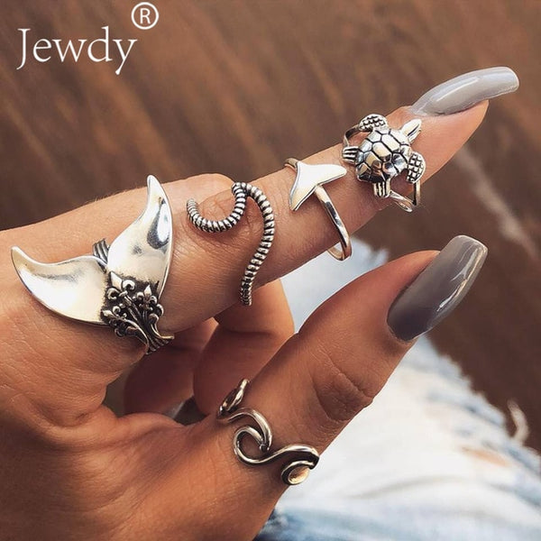 50 Styles Boho Punk Hollow Triangle Water Drop Arrow Sun Gem Crystal Silver Rings Set For Women Personality Girl Jewelry