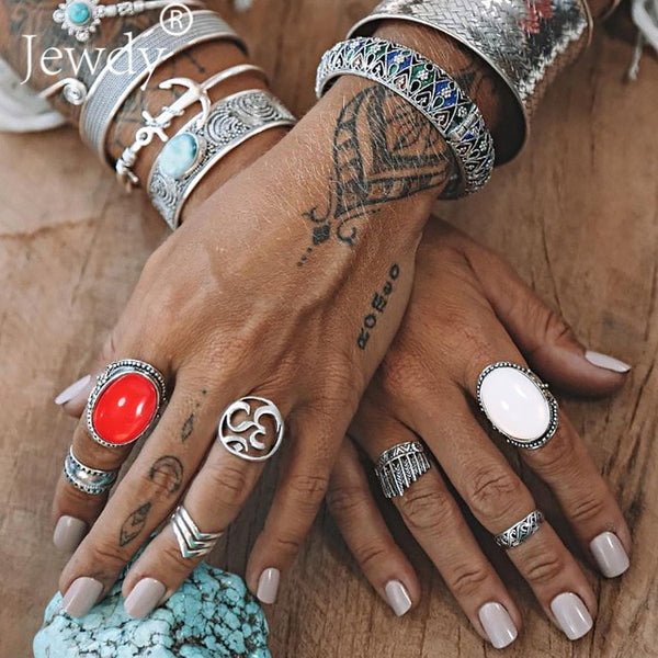 50 Styles Boho Punk Hollow Triangle Water Drop Arrow Sun Gem Crystal Silver Rings Set For Women Personality Girl Jewelry