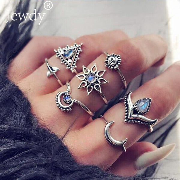 50 Styles Boho Punk Hollow Triangle Water Drop Arrow Sun Gem Crystal Silver Rings Set For Women Personality Girl Jewelry