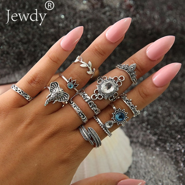 50 Styles Boho Punk Hollow Triangle Water Drop Arrow Sun Gem Crystal Silver Rings Set For Women Personality Girl Jewelry