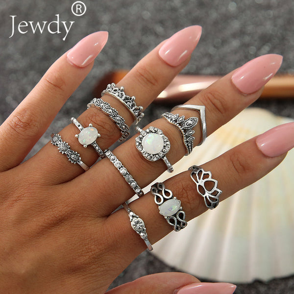 50 Styles Boho Punk Hollow Triangle Water Drop Arrow Sun Gem Crystal Silver Rings Set For Women Personality Girl Jewelry