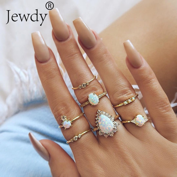 50 Styles Boho Punk Hollow Triangle Water Drop Arrow Sun Gem Crystal Silver Rings Set For Women Personality Girl Jewelry