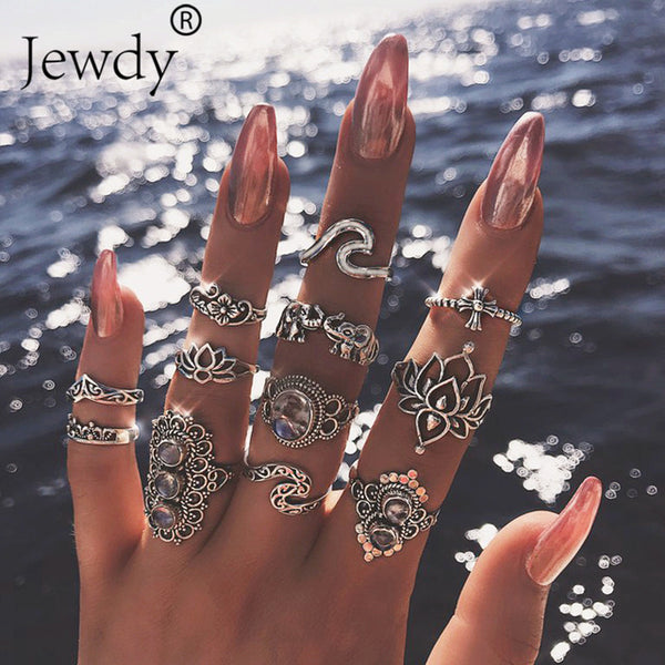 50 Styles Boho Punk Hollow Triangle Water Drop Arrow Sun Gem Crystal Silver Rings Set For Women Personality Girl Jewelry