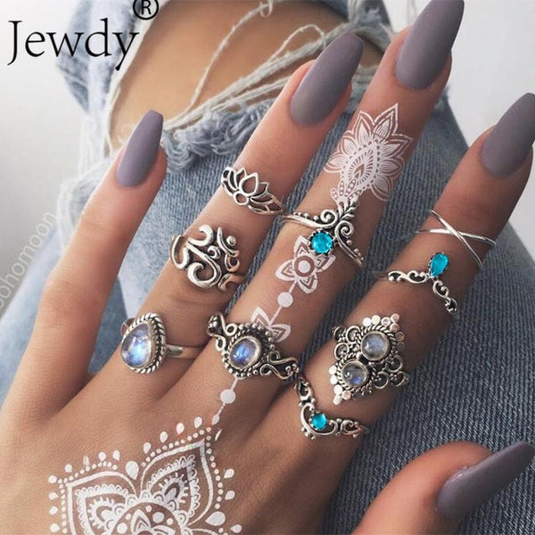 50 Styles Boho Punk Hollow Triangle Water Drop Arrow Sun Gem Crystal Silver Rings Set For Women Personality Girl Jewelry