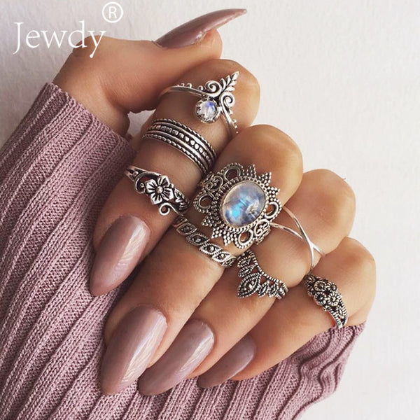 50 Styles Boho Punk Hollow Triangle Water Drop Arrow Sun Gem Crystal Silver Rings Set For Women Personality Girl Jewelry