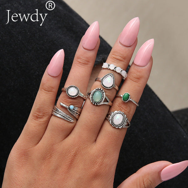 50 Styles Boho Punk Hollow Triangle Water Drop Arrow Sun Gem Crystal Silver Rings Set For Women Personality Girl Jewelry