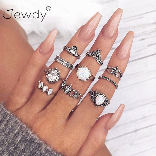 50 Styles Boho Punk Hollow Triangle Water Drop Arrow Sun Gem Crystal Silver Rings Set For Women Personality Girl Jewelry