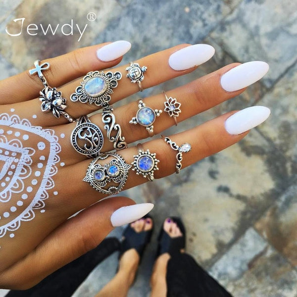 50 Styles Boho Punk Hollow Triangle Water Drop Arrow Sun Gem Crystal Silver Rings Set For Women Personality Girl Jewelry